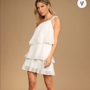 Lulu’s Blowing Kisses White Pleated One-Shoulder Mini Dress